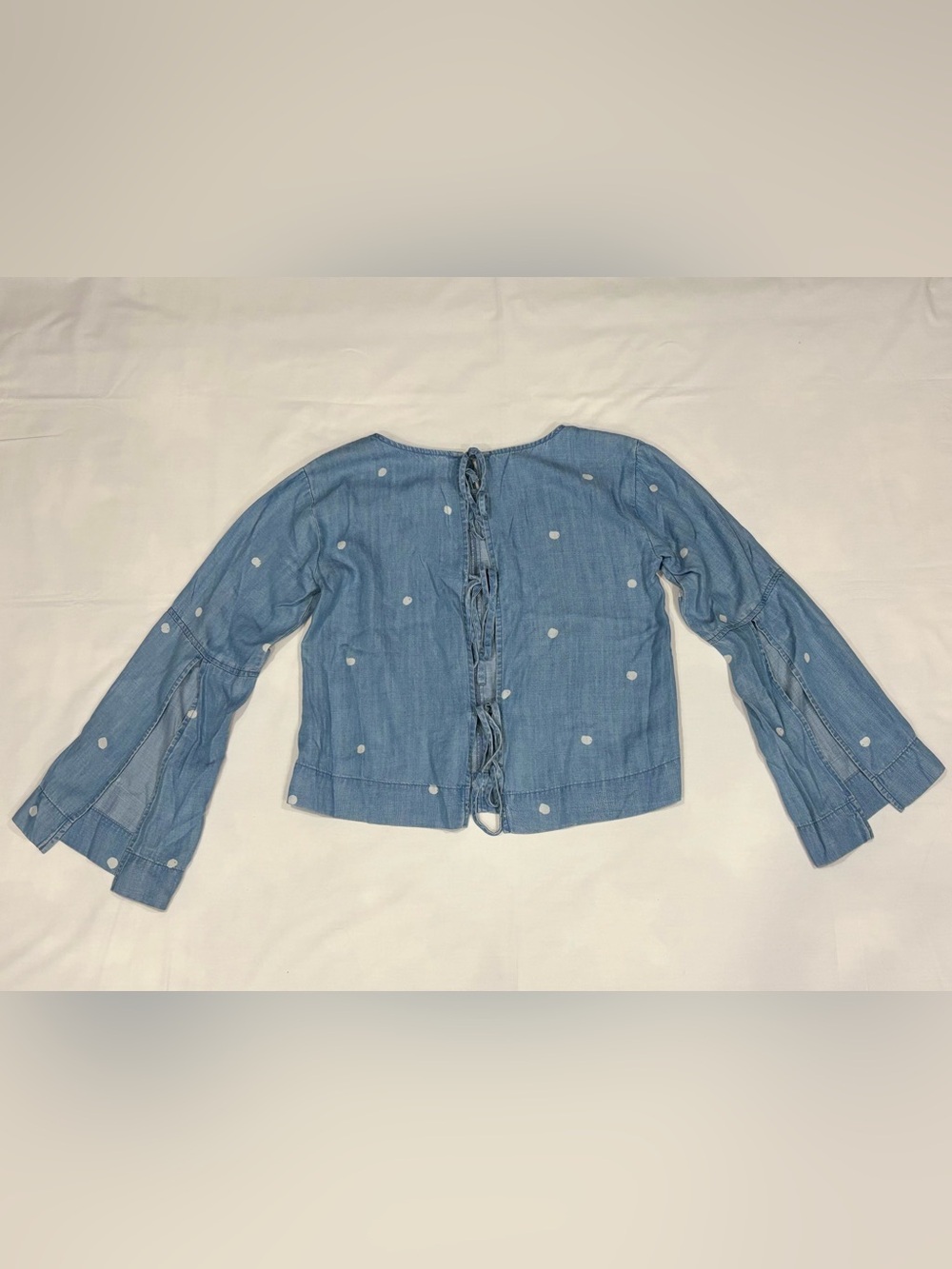 Anthropologie Cloth & Stone Chambray Top XS Polka Dot Flare Sleeve Tie Back - Picture 2 of 8